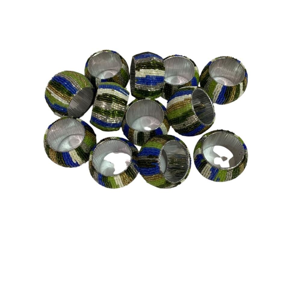 Set of 12 Beaded Napkin Rings Silvertone White Blue Green Stripes